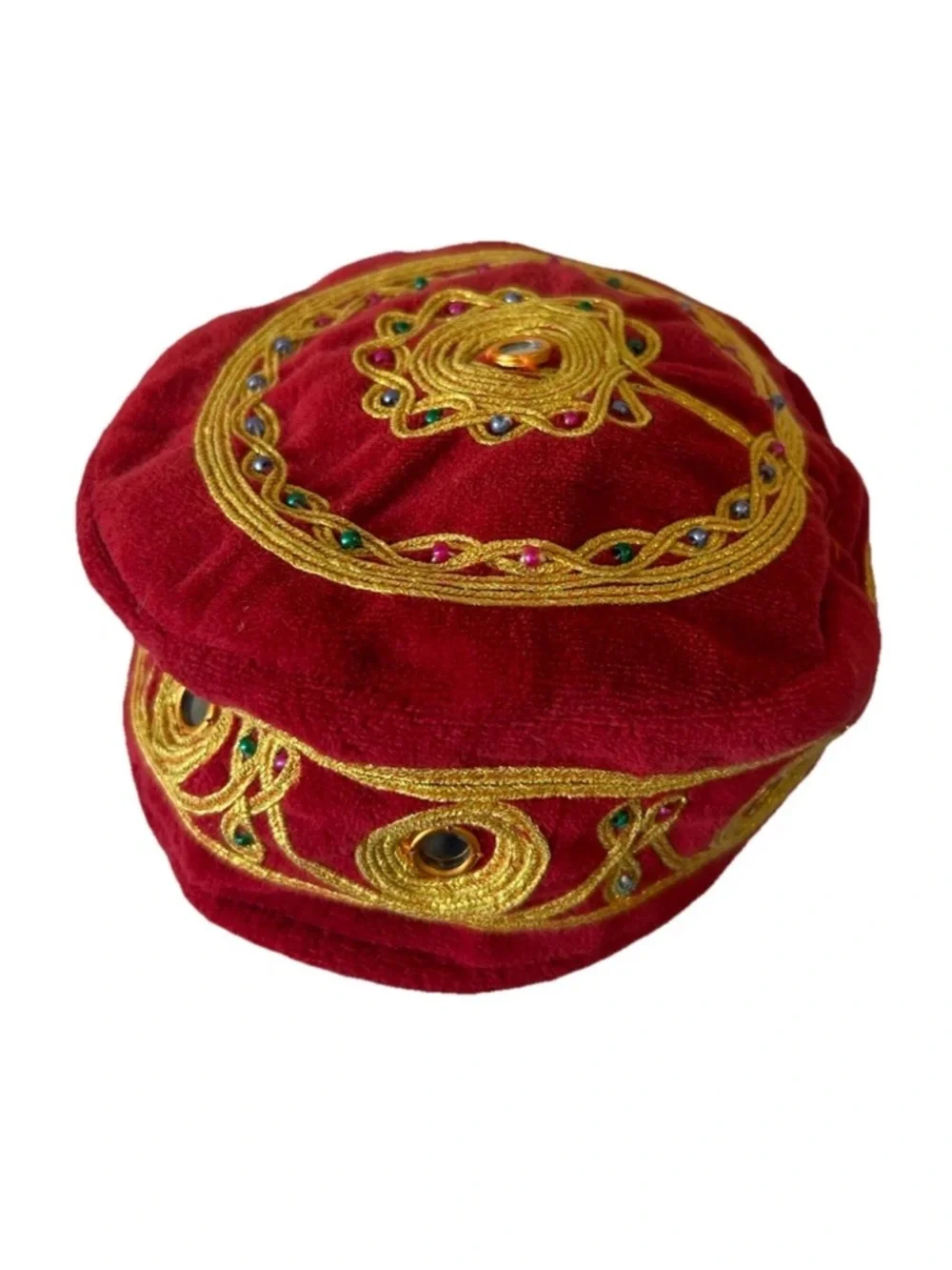 Vintage Turkish Velvet Fez Hat Gold Embroidered Jeweled Festival Cap - Picture 9 of 12